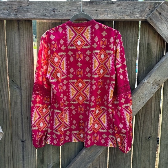 Tory Burch Printed Batik Orange and Pink Boho Tassel Lace Detail Popover Blouse - Picture 6 of 8